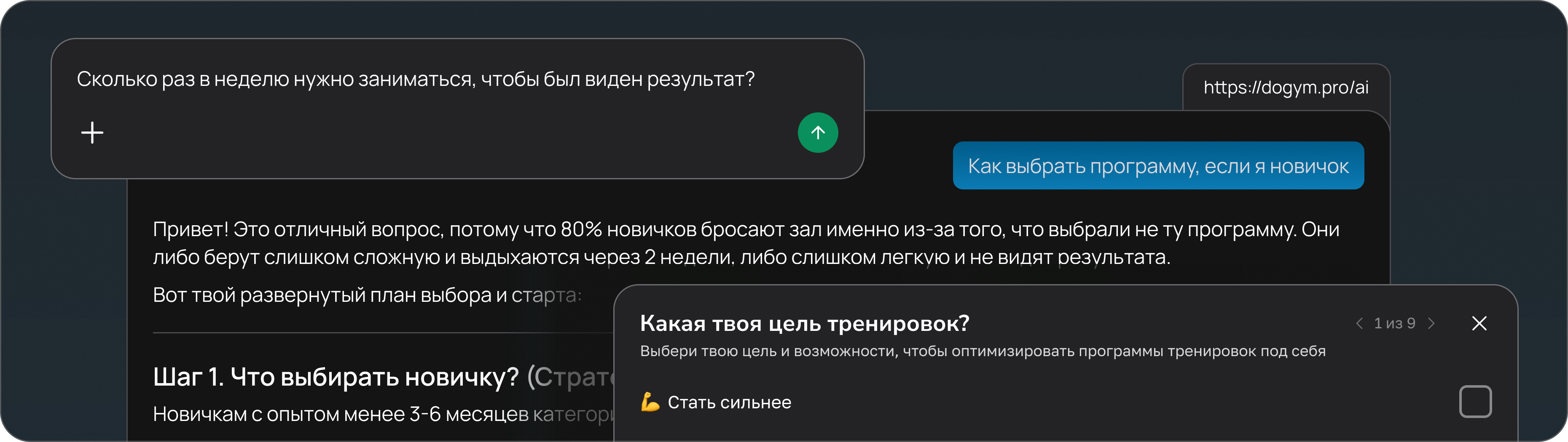 Пример диалога с DOGYM AI и подбора программы по цели тренировок